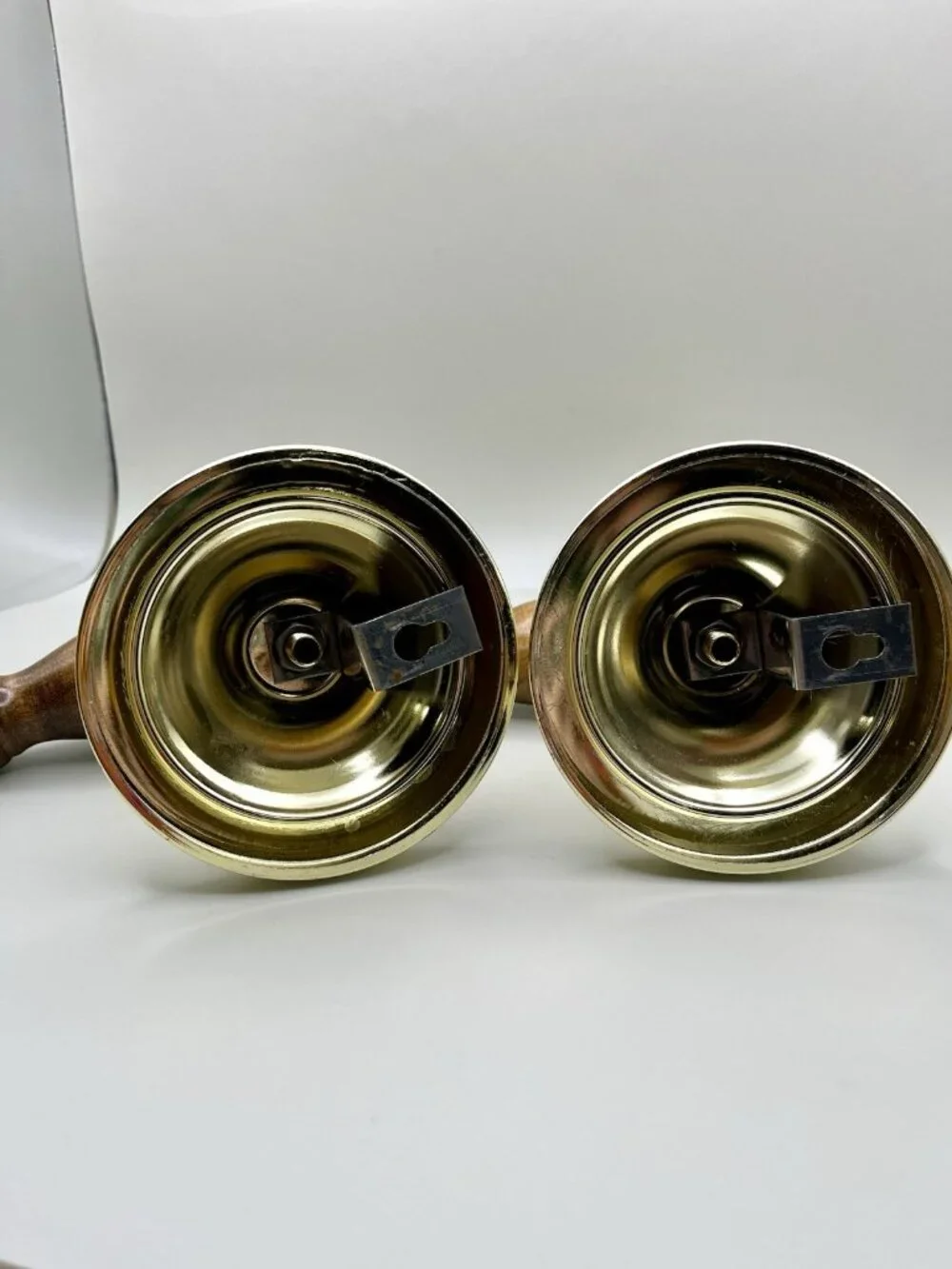 VTG Brass Wall Candle Sconces Pair Turned Wood Colonial Mid Century MCM Retro